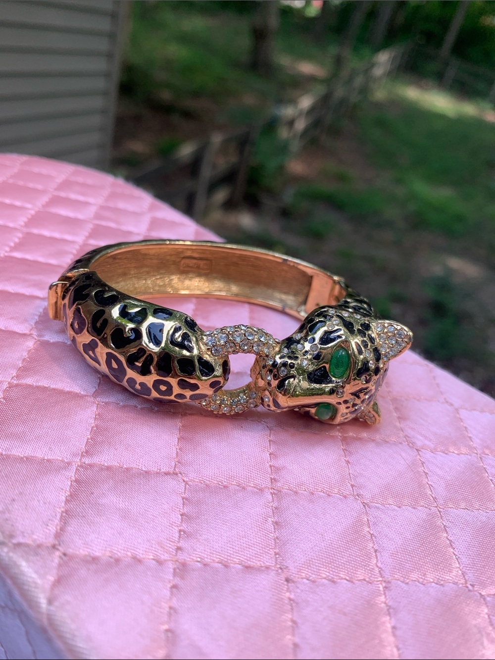 Ciner Leopard Hinged Bracelet with Swarovski Crystals and Green Cabochon Eyes - Picture 4 of 16
